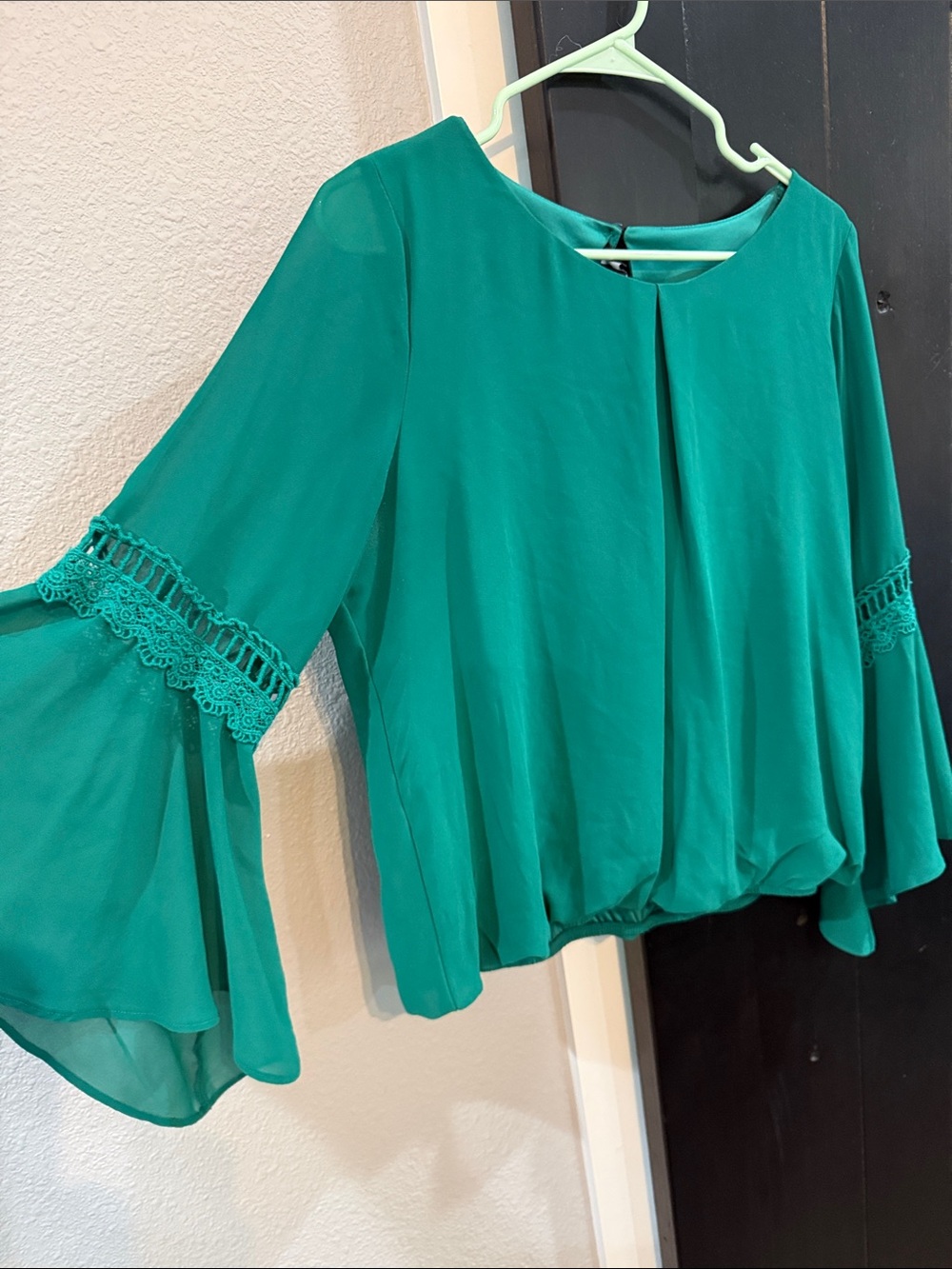 by & by Teal Bell-Sleeve Blouse with Lace Trim